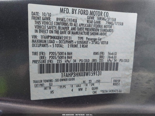 Aukcja sprzedaży 2011 Ford Focus Sel, vin: 1FAHP3HNXBW159131, numer aukcji: 45403356