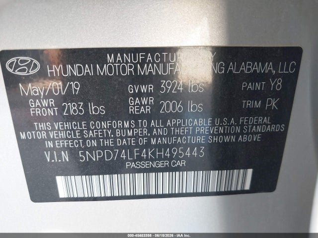 Hyundai ELANTRA SE 2019 5NPD74LF4KH495443 Image 9