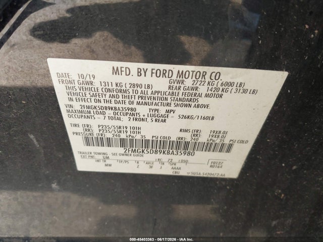 45403363 :رقم المزاد ، 2FMGK5D89KBA35980 vin ، 2019 Ford Flex Limited مزاد بيع