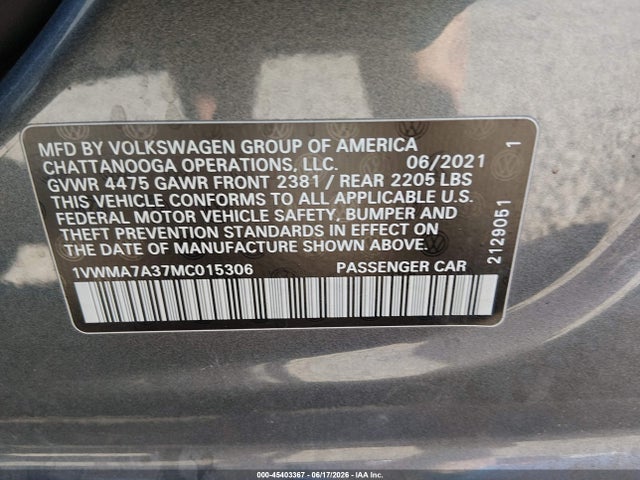 2021 Volkswagen Passat 2.0t R-line მანქანა იყიდება აუქციონზე, vin: 1VWMA7A37MC015306, აუქციონის ნომერი: 45403367