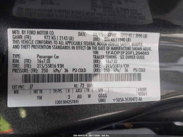 Ford FOCUS SE 2015 1FADP3F20FL294665 Image 9