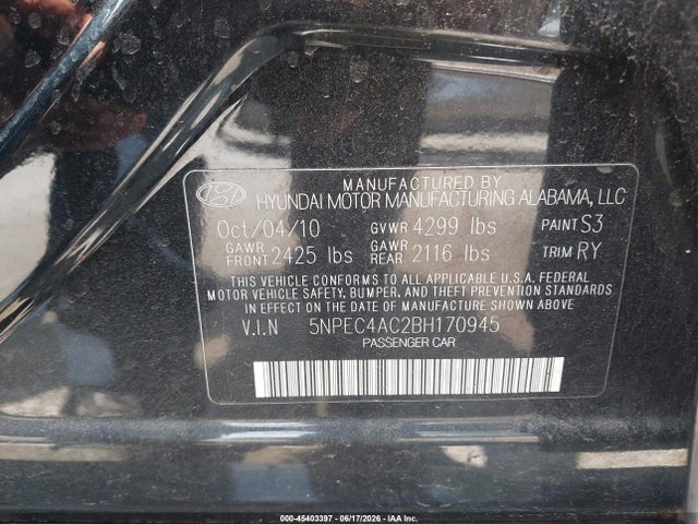 Продажа на аукционе авто 2011 Hyundai Sonata Se, vin: 5NPEC4AC2BH170945, номер лота: 45403397