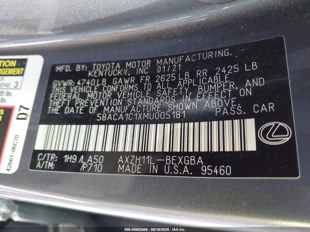 Lexus ES 300H 2021 58ACA1C1XMU005181 Image 9