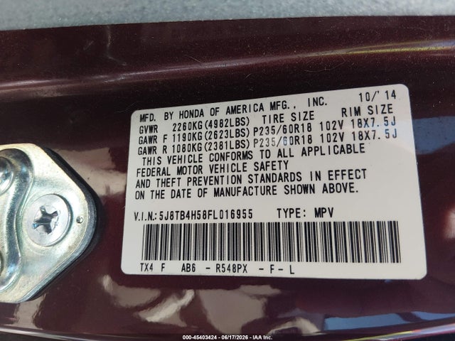 2015 Acura Rdx მანქანა იყიდება აუქციონზე, vin: 5J8TB4H58FL016955, აუქციონის ნომერი: 45403424