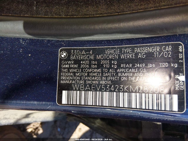 Продаж на аукціоні авто 2003 Bmw 330i, vin: WBAEV53423KM28208, номер лоту: 45403445