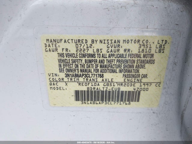 45403470 :رقم المزاد ، 3N1AB6AP3CL771768 vin ، 2012 Nissan Sentra 2.0 S مزاد بيع