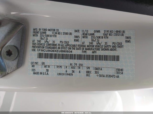 2014 Ford Escape Se მანქანა იყიდება აუქციონზე, vin: 1FMCU9G9XEUB80934, აუქციონის ნომერი: 45403476