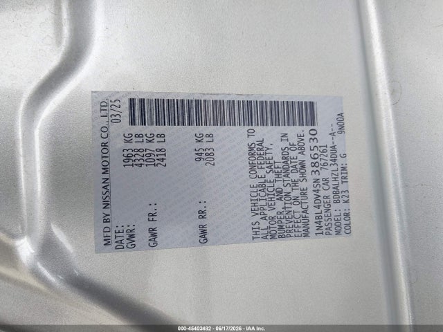 1N4BL4DV4SN386530 Nissan Altima Sv Fwd