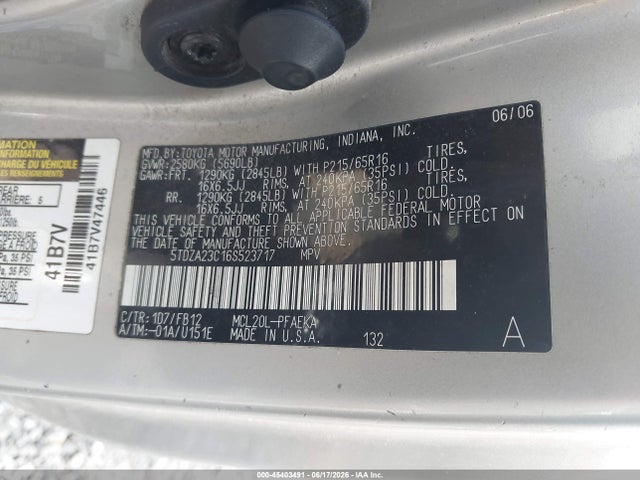 Aukcja sprzedaży 2006 Toyota Sienna Ce, vin: 5TDZA23C16S523717, numer aukcji: 45403491