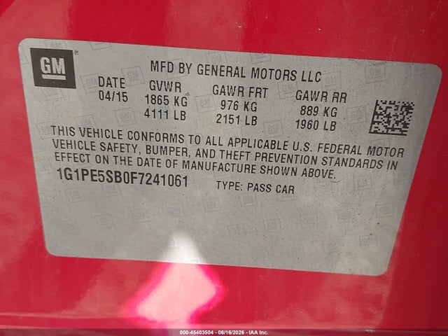 Продажа на аукционе авто 2015 Chevrolet Cruze 2lt Auto, vin: 1G1PE5SB0F7241061, номер лота: 45403504