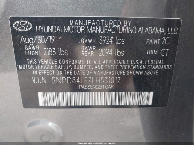 45403528 :رقم المزاد ، 5NPD84LF7LH531012 vin ، 2020 Hyundai Elantra Sel مزاد بيع
