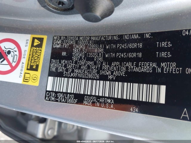 5TDJKRFHXGS286026 Toyota Highlander Xle V6