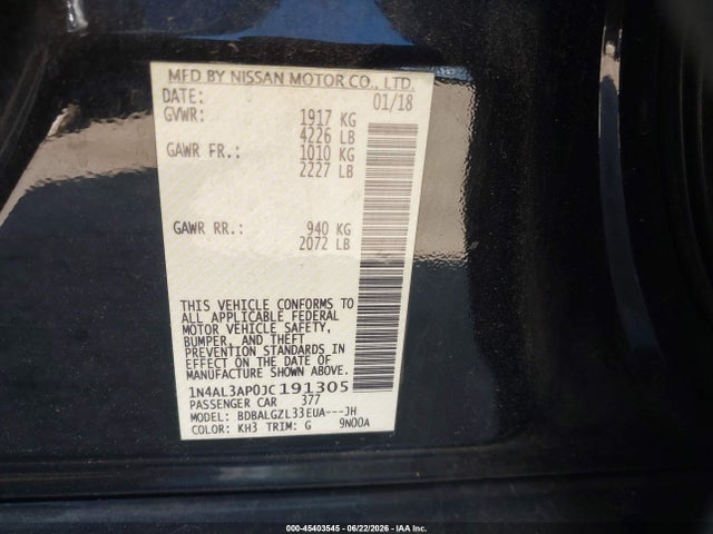 45403545 :رقم المزاد ، 1N4AL3AP0JC191305 vin ، 2018 Nissan Altima 2.5 S مزاد بيع