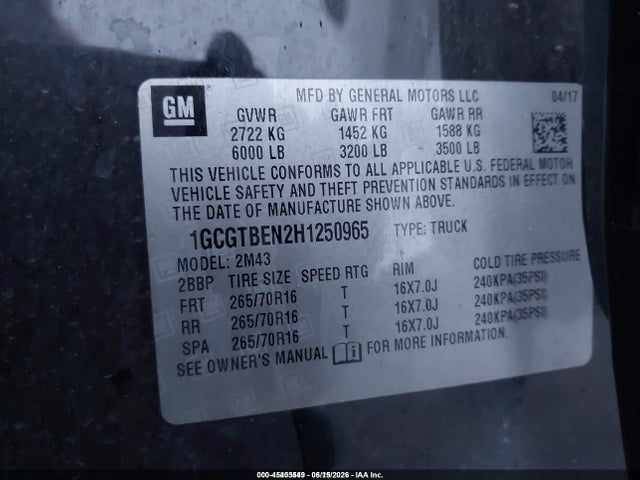 Chevrolet Colorado Wt 2017 1GCGTBEN2H1250965 Image 9