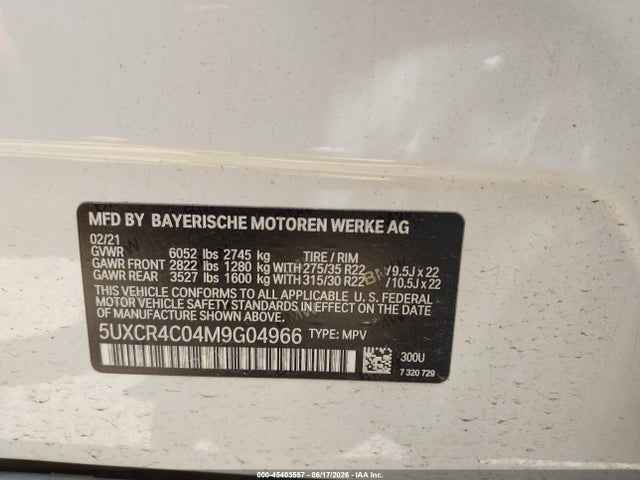 45403557 :رقم المزاد ، 5UXCR4C04M9G04966 vin ، 2021 Bmw X5 Sdrive40i مزاد بيع