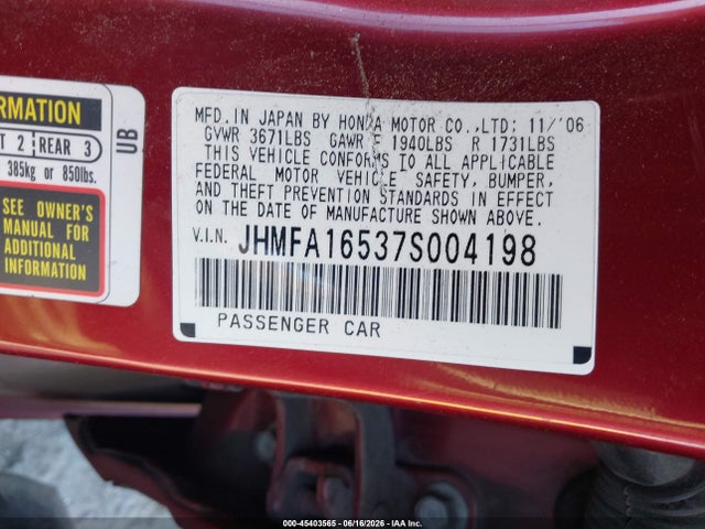 Продаж на аукціоні авто 2007 Honda Civic Lx, vin: JHMFA16537S004198, номер лоту: 45403565