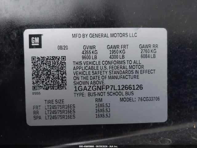 1GAZGNFP7L1266126 Chevrolet Express Passenger Rwd 3500 Extended Wheelbase Ls