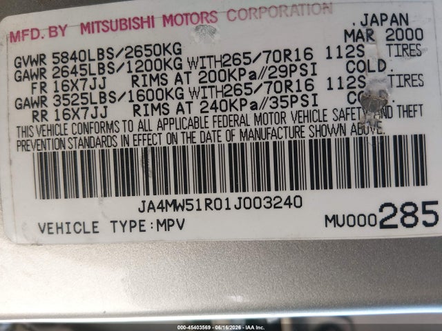 Продажа на аукционе авто 2001 Mitsubishi Montero Limited, vin: JA4MW51R01J003240, номер лота: 45403569