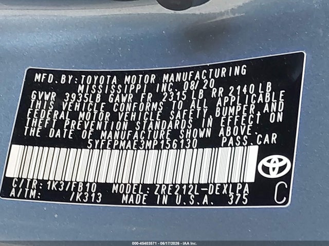 Toyota COROLLA LE 2021 5YFEPMAE3MP156130 Image 9