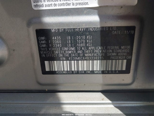 2011 Subaru Legacy 2.5i Premium მანქანა იყიდება აუქციონზე, vin: 4S3BMBC64B3230215, აუქციონის ნომერი: 45403575