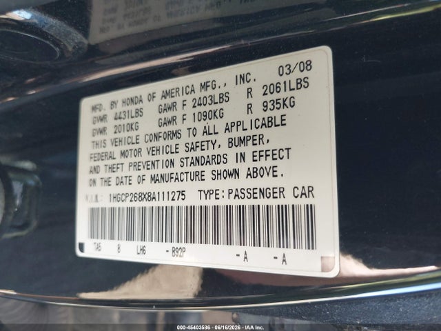 Aukcja sprzedaży 2008 Honda Accord 2.4 Ex-l, vin: 1HGCP268X8A111275, numer aukcji: 45403586