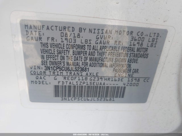 3N1CP5CU6JL523681 Nissan KICKS SV