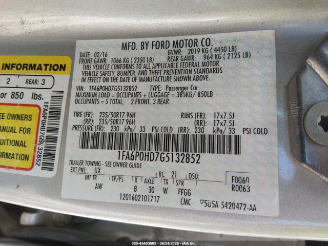 Продаж на аукціоні авто 2016 Ford Fusion Se, vin: 1FA6P0HD7G5132852, номер лоту: 45403602
