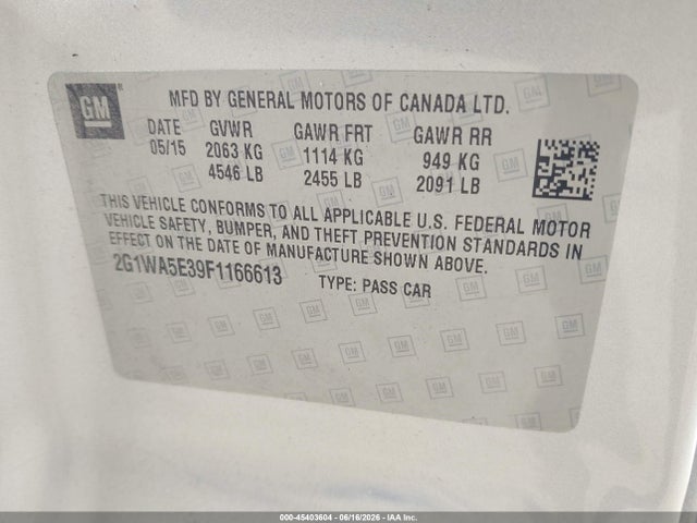 45403604 :رقم المزاد ، 2G1WA5E39F1166613 vin ، 2015 Chevrolet Impala Limited Ls مزاد بيع