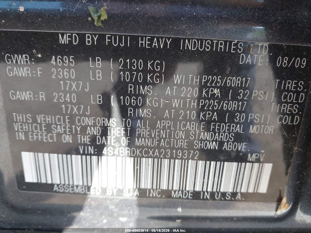 Продажа на аукционе авто 2010 Subaru Outback 3.6r Limited, vin: 4S4BRDKCXA2319372, номер лота: 45403614