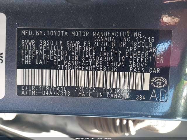 Toyota COROLLA L 2017 2T1BURHE4HC788106 Image 9