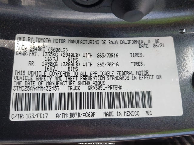 Продажа на аукционе авто 2021 Toyota Tacoma Trd Off-road, vin: 3TMCZ5AN4MM432457, номер лота: 45403640