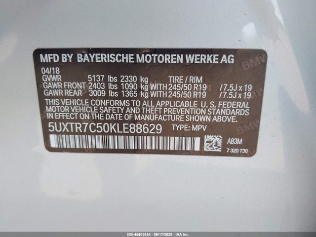 Продаж на аукціоні авто 2019 Bmw X3 Sdrive30i, vin: 5UXTR7C50KLE88629, номер лоту: 45403654