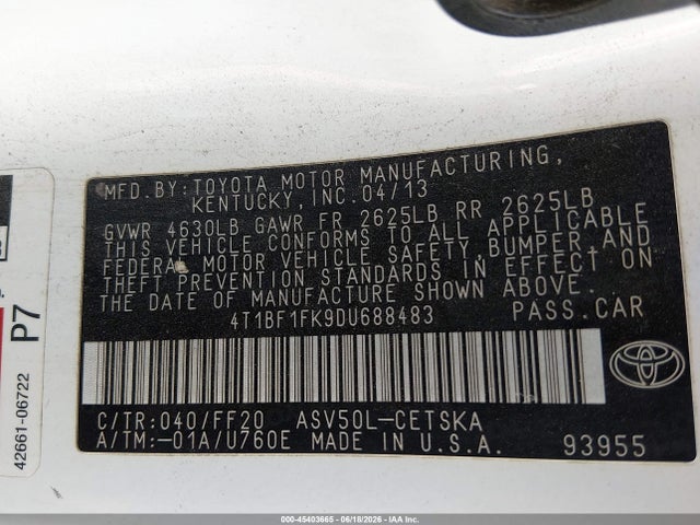 Aukcja sprzedaży 2013 Toyota Camry Se, vin: 4T1BF1FK9DU688483, numer aukcji: 45403665
