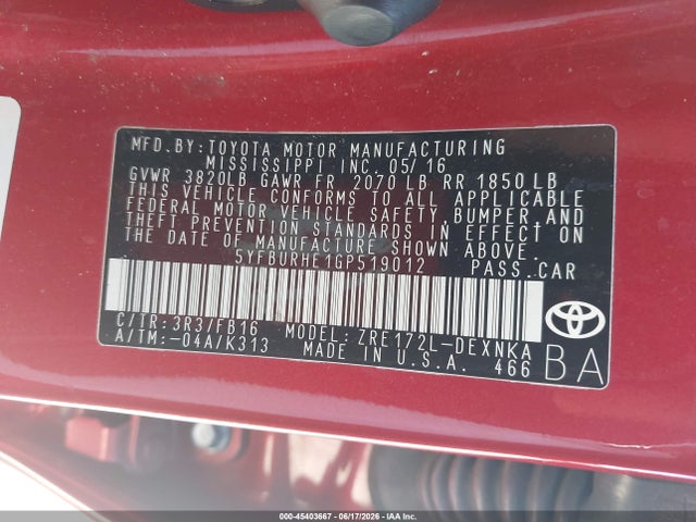 45403667 :رقم المزاد ، 5YFBURHE1GP519012 vin ، 2016 Toyota Corolla Le مزاد بيع