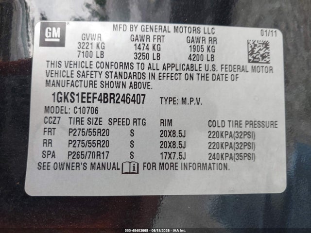 45403668 :رقم المزاد ، 1GKS1EEF4BR246407 vin ، 2011 Gmc Yukon Denali مزاد بيع