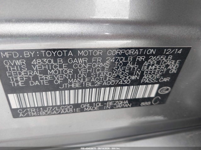 45403678 :رقم المزاد ، JTHBE1BL2FA007430 vin ، 2015 Lexus Gs 350 مزاد بيع