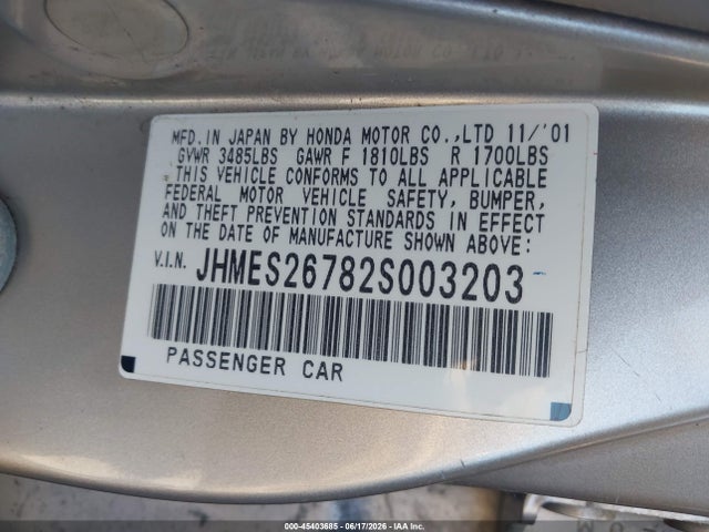 Продаж на аукціоні авто 2002 Honda Civic Ex, vin: JHMES26782S003203, номер лоту: 45403685