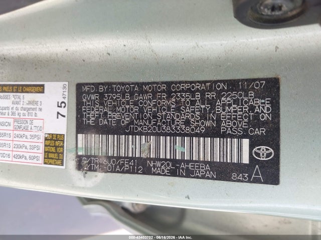 Aukcja sprzedaży 2008 Toyota Prius, vin: JTDKB20U383338049, numer aukcji: 45403702
