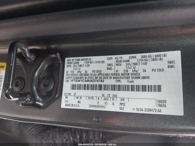Auction sale of the 2019 Ford F-150 Xlt, vin: 1FTEW1C54KKD74782, lot number: 45403705