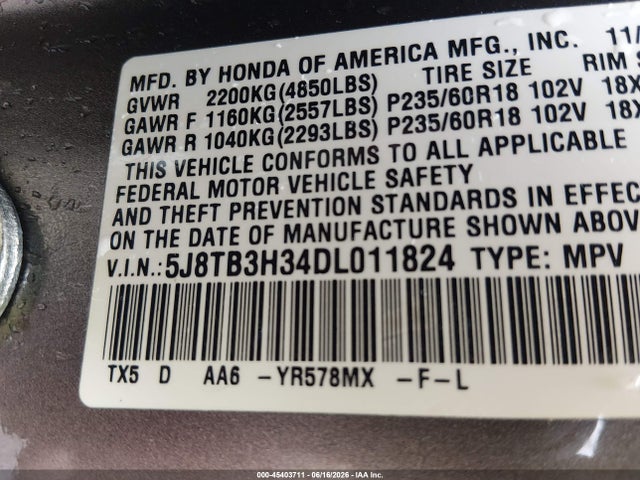 Auction sale of the 2013 Acura Rdx, vin: 5J8TB3H34DL011824, lot number: 45403711