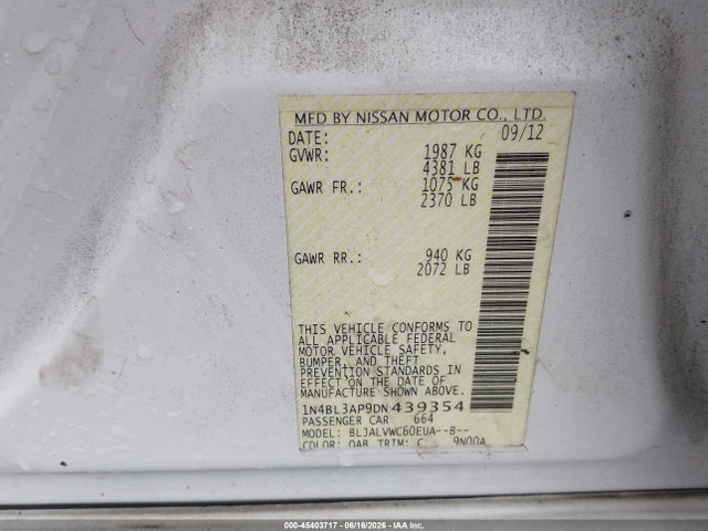 Продажа на аукционе авто 2013 Nissan Altima 3.5 Sl, vin: 1N4BL3AP9DN439354, номер лота: 45403717