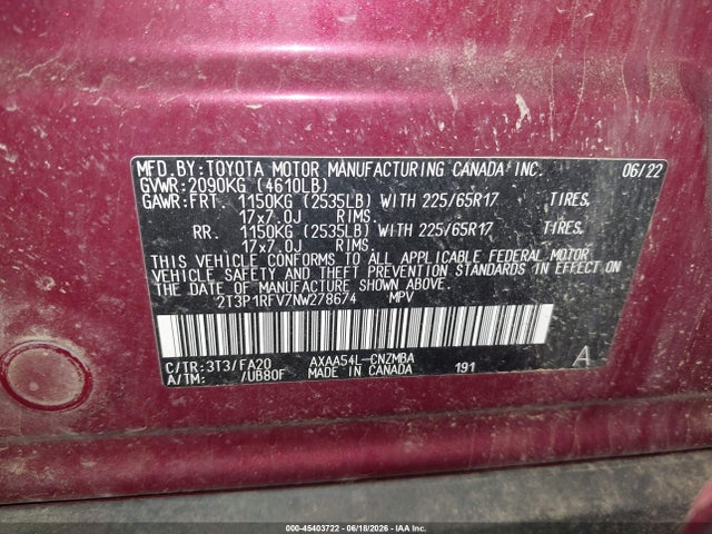 2T3P1RFV7NW278674 Toyota Rav4 Xle