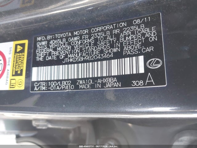 Auction sale of the 2011 Lexus Ct 200h Premium, vin: JTHKD5BH9B2043464, lot number: 45403731