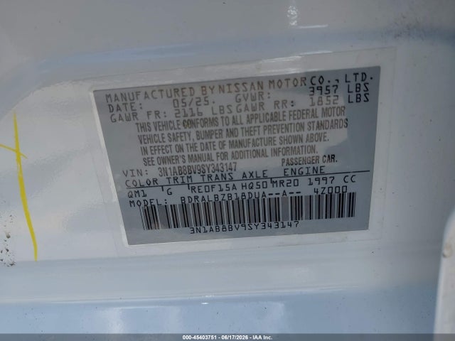 Продаж на аукціоні авто 2025 Nissan Sentra S, vin: 3N1AB8BV9SY343147, номер лоту: 45403751