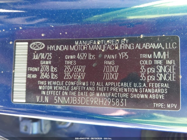 Продажа на аукционе авто 2024 Hyundai Tucson Sel, vin: 5NMJB3DE9RH295831, номер лота: 45403758