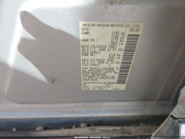 Продажа на аукционе авто 2018 Nissan Murano Sv, vin: 5N1AZ2MH3JN145894, номер лота: 45403763