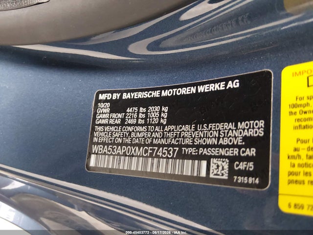 Продаж на аукціоні авто 2021 Bmw 430i, vin: WBA53AP0XMCF74537, номер лоту: 45403772