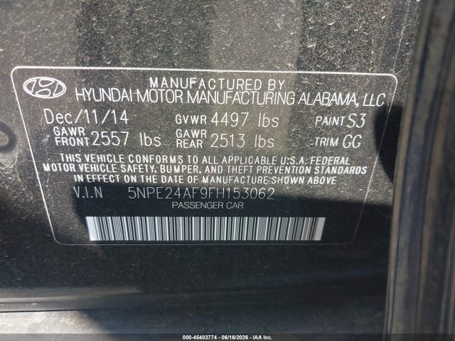 Hyundai SONATA SE 2015 5NPE24AF9FH153062 Image 9