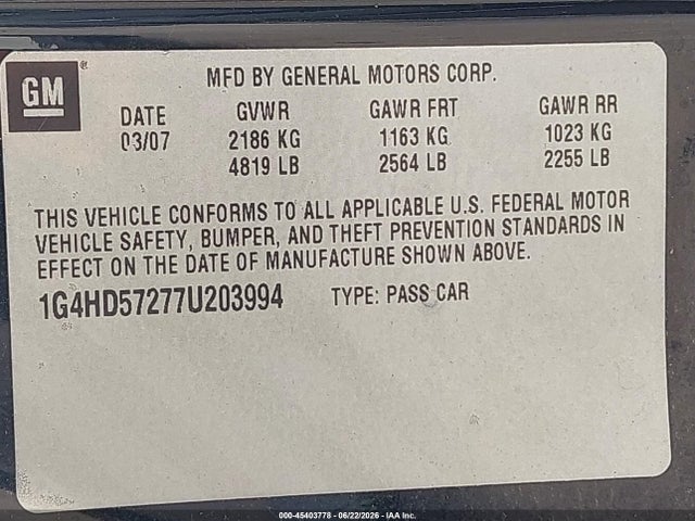 Продаж на аукціоні авто 2007 Buick Lucerne Cxl, vin: 1G4HD57277U203994, номер лоту: 45403778