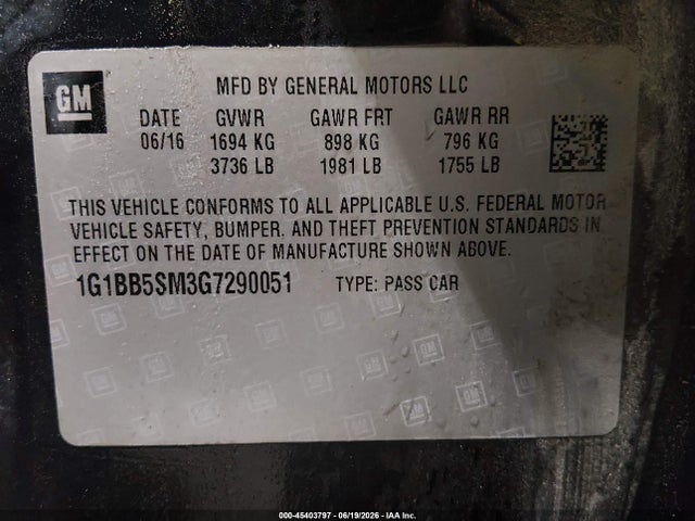 1G1BB5SM3G7290051 Chevrolet Cruze Ls Manual